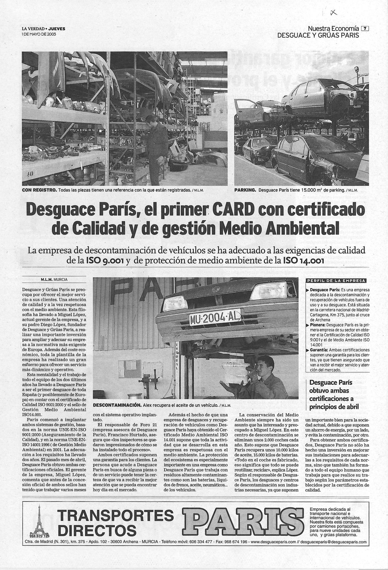 Recorte de prensa La Verdad 2003: Desguace París, primer CARD certificado